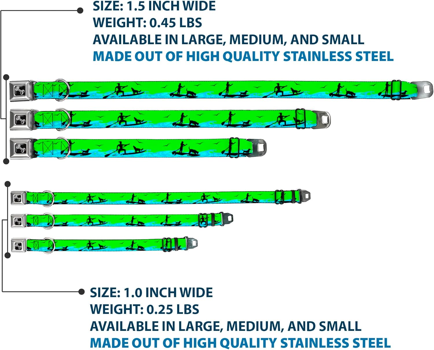 Dog Collar Seatbelt Buckle Sup Dog Neon Green Blues Black 11 to 17 Inches 1.0 Inch Wide