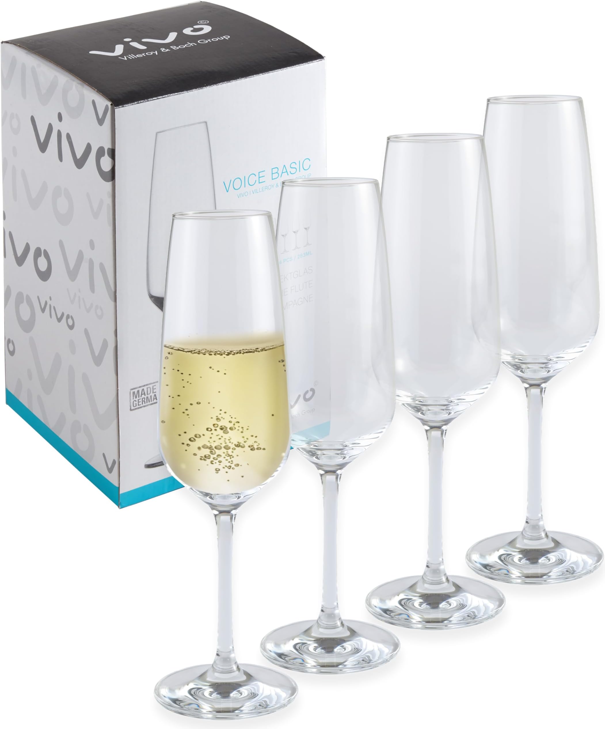Vivo Villeroy & Boch Set of 4 Champagne Flutes, Made in Germany, Crystal Glass Tableware, Clear, Dishwasher Safe, 283ml ea