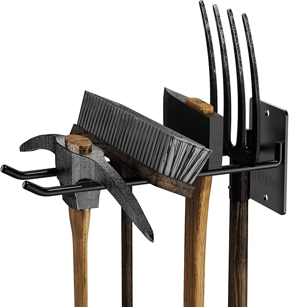 OUUO 4 Pack Garage Storage Organizer for Tool Organization Heavy-Duty Solid Steel Wall Hanger for Garden Tools - Shovel Holder, Rake Broom Yard Wall Mount Hooks - Overhead Garage Storage Rack