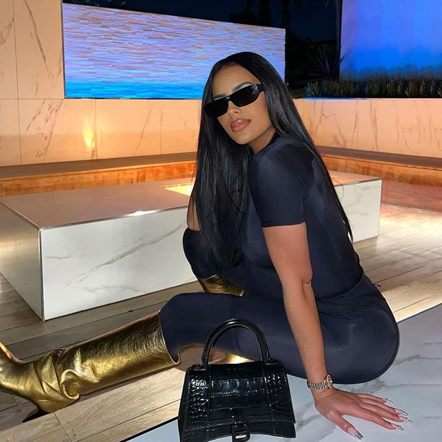 Women 2 Piece Outfits Sets Short Sleeve Workout Round Neck Outfits High Waist Long Pants Bodycon Tracksuit - Image 3