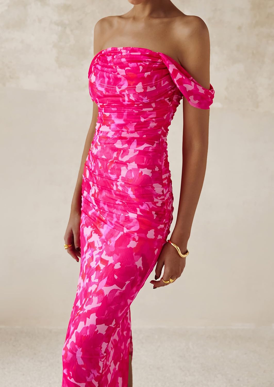 PRETTYGARDEN Cocktail Dresses for Women 2026 Summer Floral Off Shoulder Ruched Mesh Elegant Wedding Guest Maxi Dress