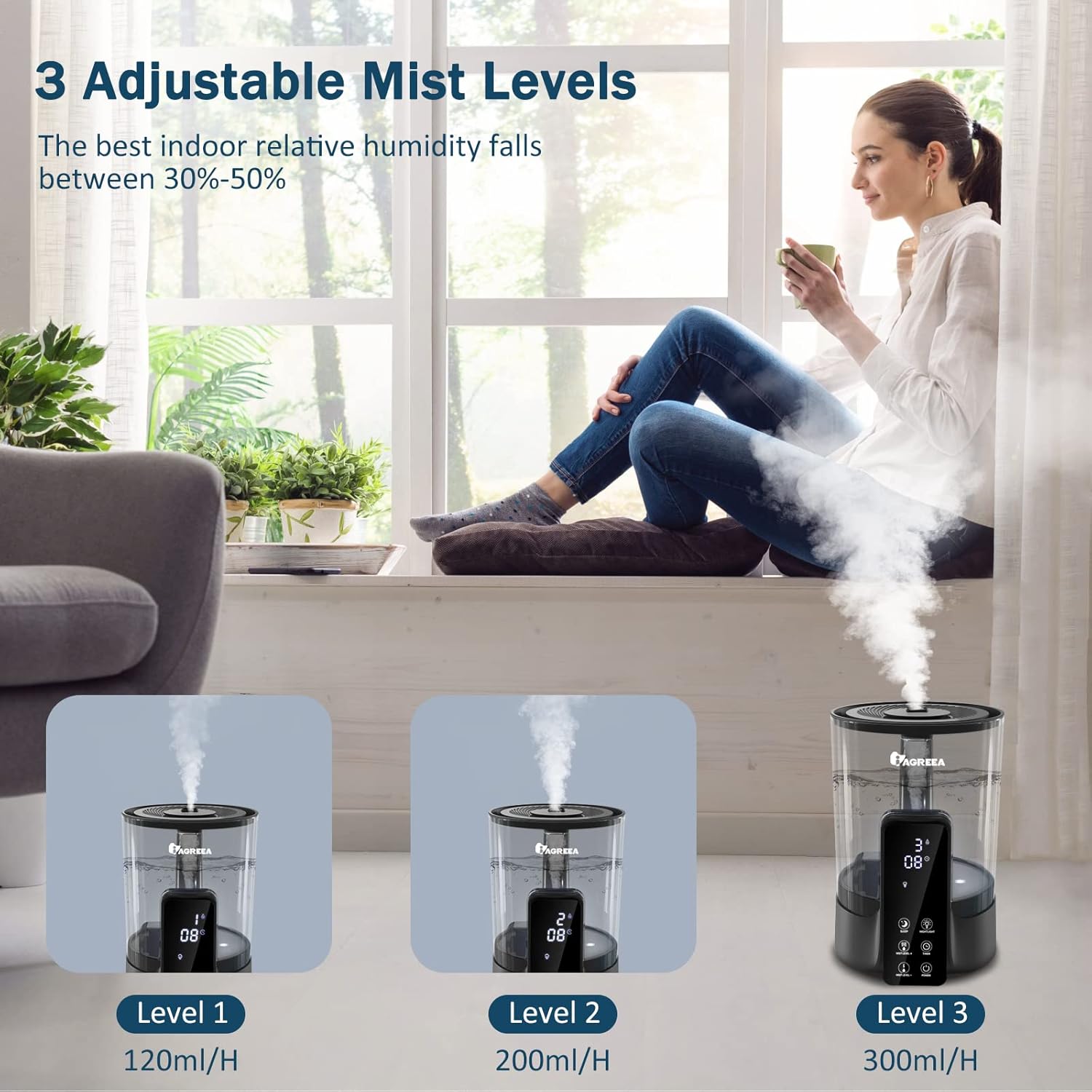 Three adjustable mist levels for humidifier