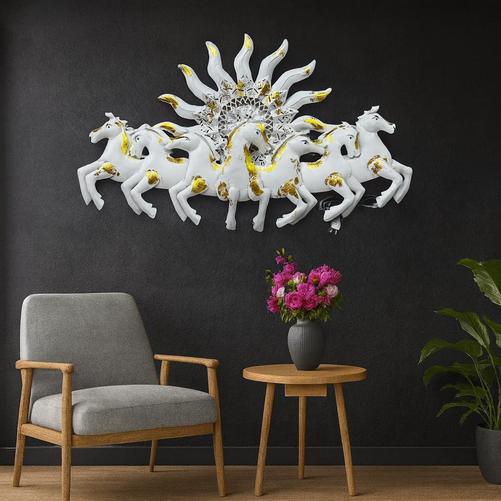 RSN Metal 7 Running Horses With Sunrise Wall Hanging With LED Light Wall Decor For Size-(36 * 23.5 Inches)