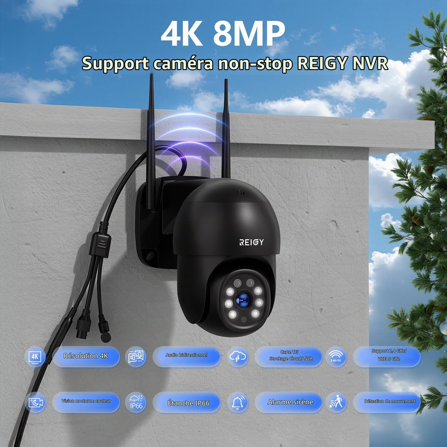 REIGY 8MP Kit Camera Surveillance WiFi Exterieure avec 1TB Disque Dur, 4K Système Videosurveillance 16CH NVR + 4X Camera 360°(3840*2160p), Audio Bidirectionnel Vision Nocturne Colorée IP66 Imperméable