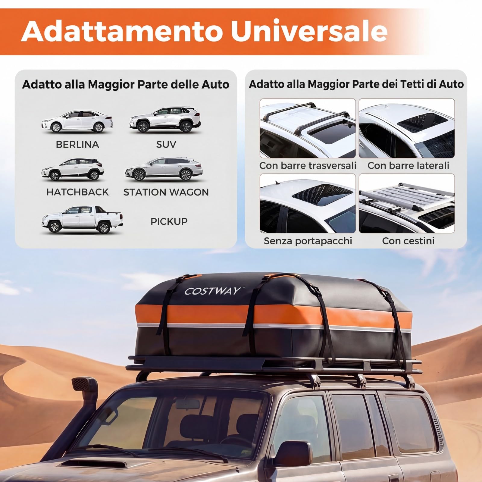 COSTWAY Borsa da Tetto per Auto, Box Portapacchi con Impermeabile e Alta Adattabilità, Baule con Tappetino Antiscivolo, Striscie Riflettenti, Lucchetto e 8 Corde di Fissaggio (600 L,Arancione)