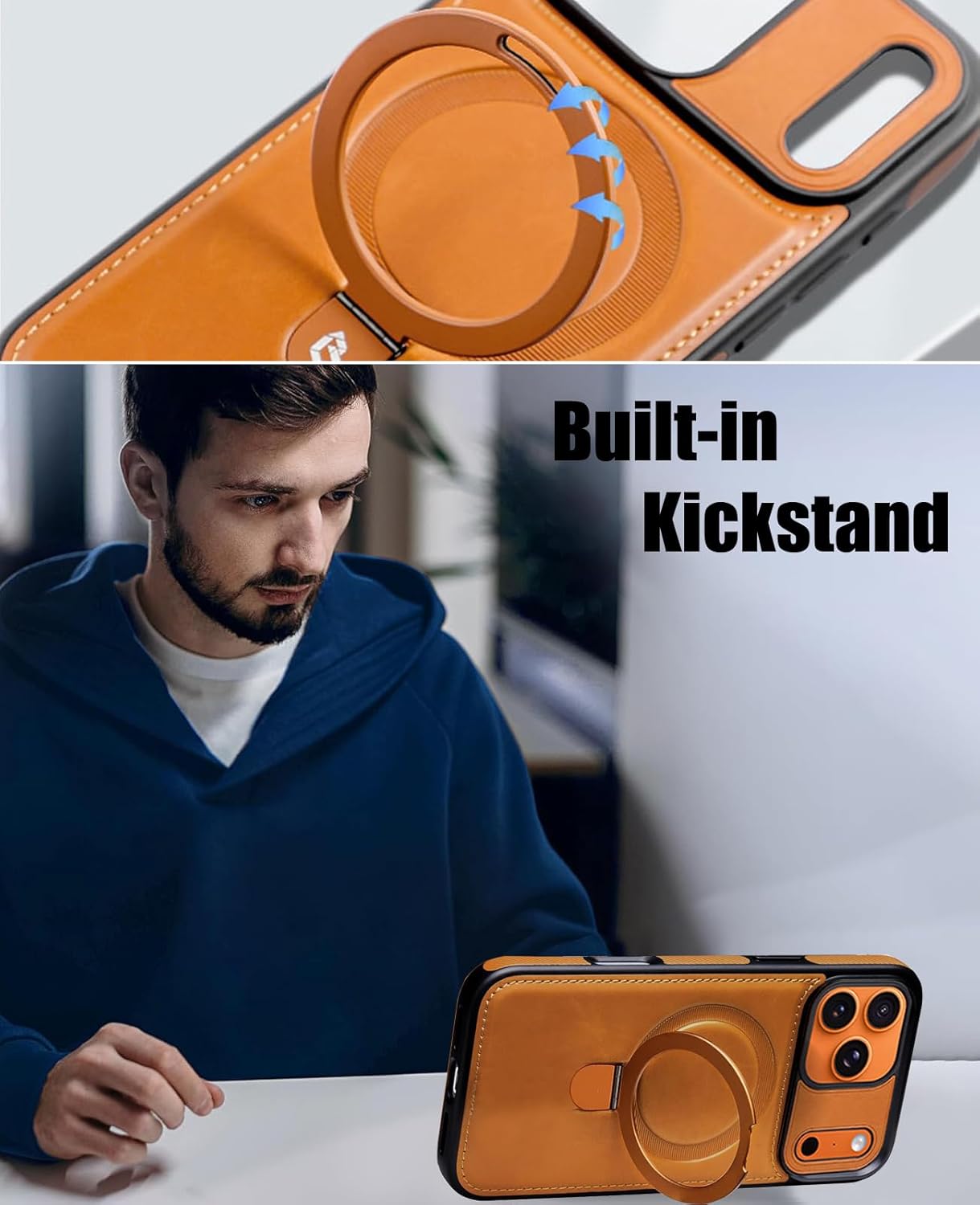 for iPhone 17 Pro Leather Case with Magnetic Ring Holder,[Compatible with Wireless Charging] Luxury Slim Shockproof Non-Slip Protective Kickstand Cover for iPhone 17 Pro (Brown) - Image 3