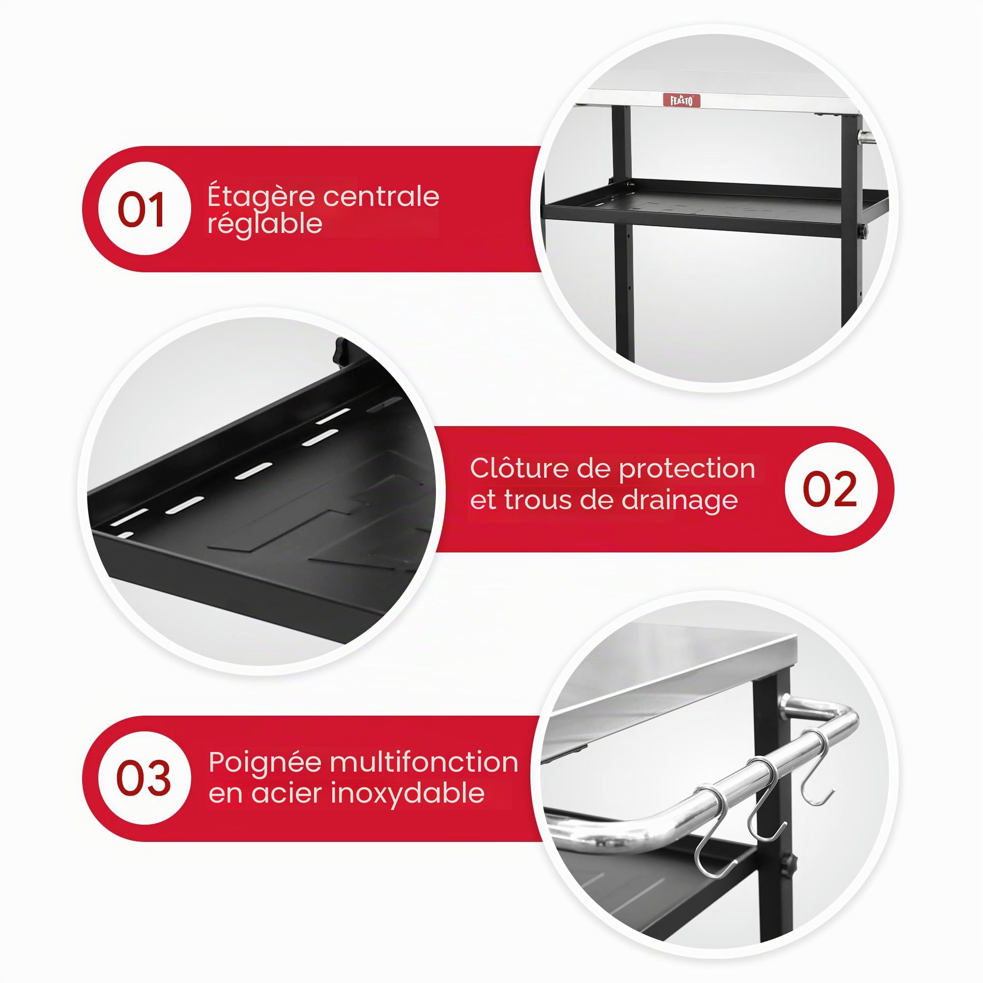 Feasto Table de Grill à 3 étagères, Support de Four à Pizza avec étagère réglable, Chariot de Barbecue Mobile, pour extérieur, Chariot de Bar avec roulettes, Plateau en Acier Inoxydable, 86,4 x 40,6