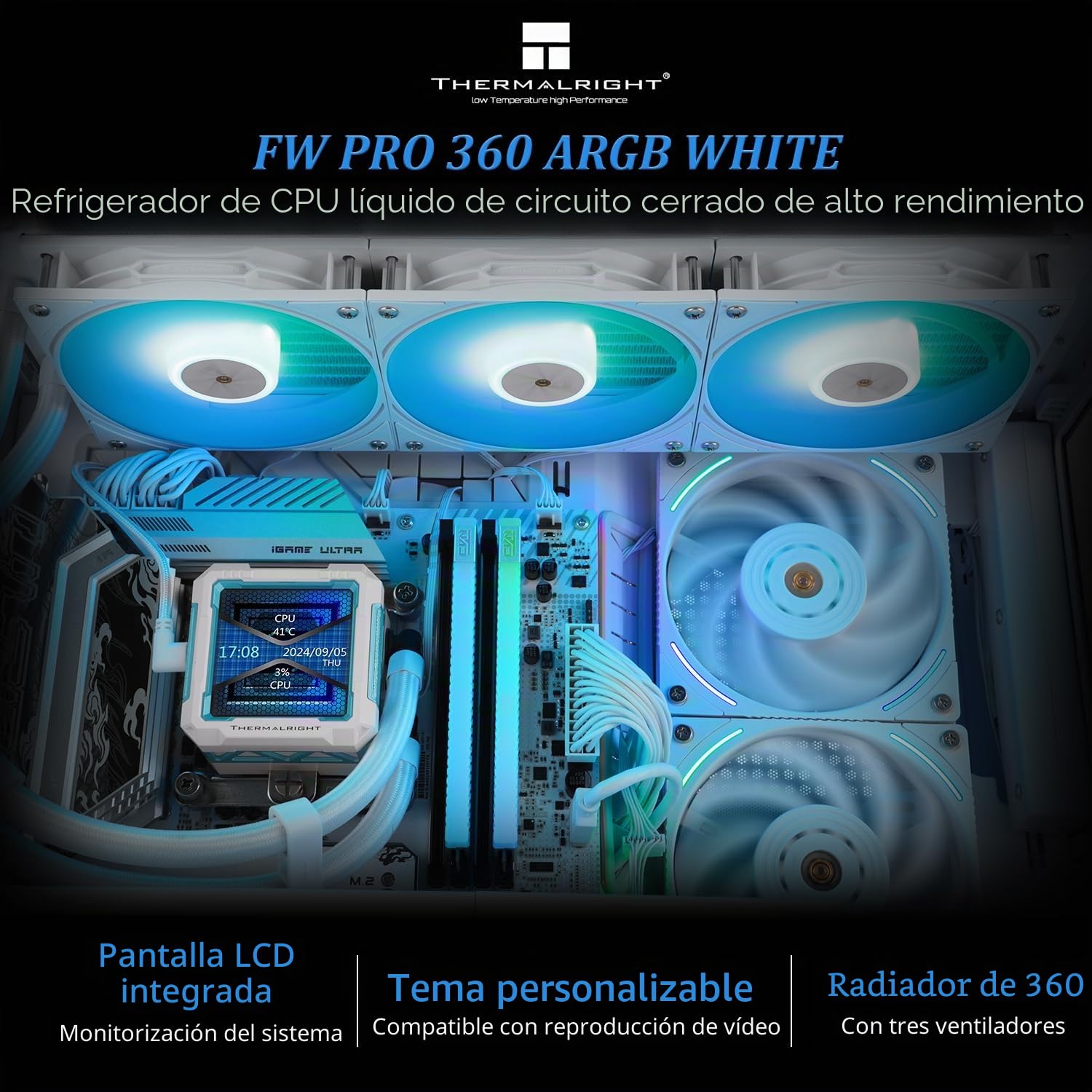Thermalright FW PRO 360 ARGB White CPU AIO Cooler, pantalla LCD IPS con resolución de 320 x 320, para AM5 e Intel 1700/1851, potente 360 especificaciones refrigerado por agua con pantalla