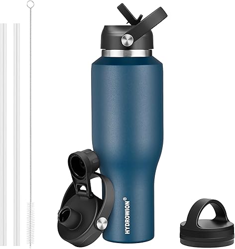 HYDROWION Botellas de agua con popote, botella de agua aislada de 40 onzas que cabe en el portavasos del automóvil, botellas de agua negras con tapa