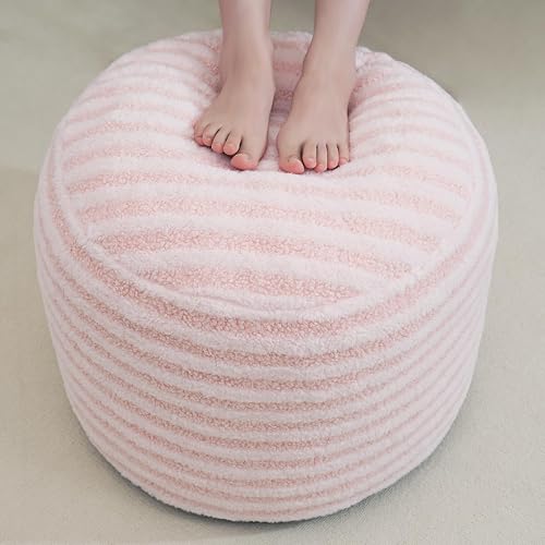 Round Pouf Ottoman Stuffed Foot Rest Stool, Floor Chair Poufs for Living Room Bedroom, Faux Fur Poufs with Foam Chunk Filling, Storage Ottoman Pouf 20 X 15 Inch Boho Poof for Couch, Pink & White