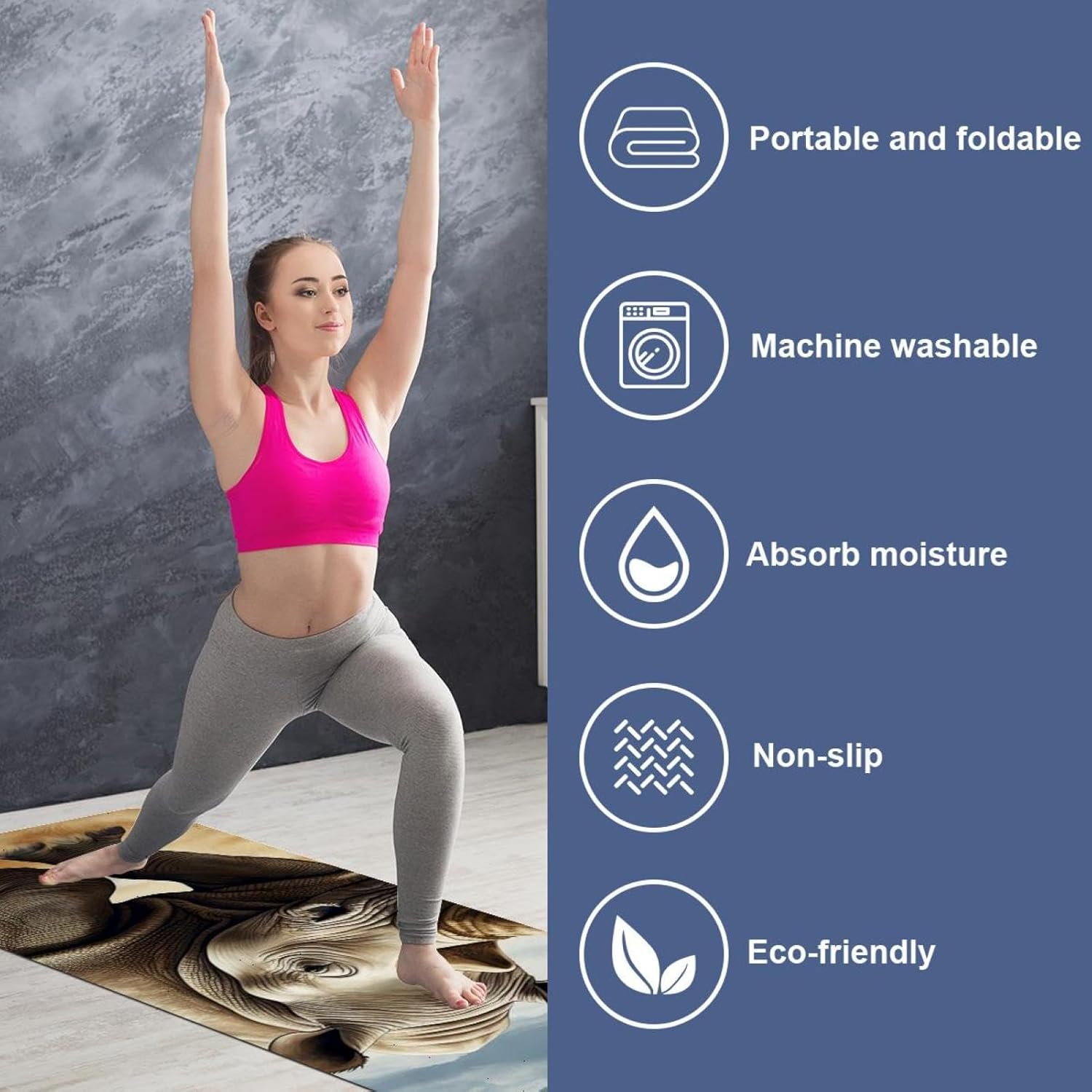 Yoga Towel, Rhino Animal Print Non Slip Sweat Absorbent Hot Yoga Mat Towel for Hot Yoga, Pilates and Fitness - 72.8" x 26.8"