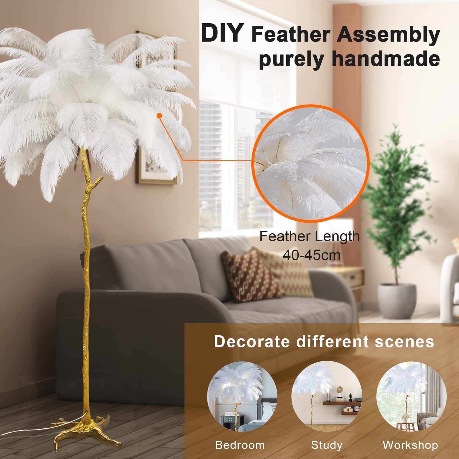 YHYYU Vloerlamp Met Struisvogelveren – 170 Cm, 3 Kleuren Dimbaar, Luxe Design Voor Woonkamer Of Kantoor