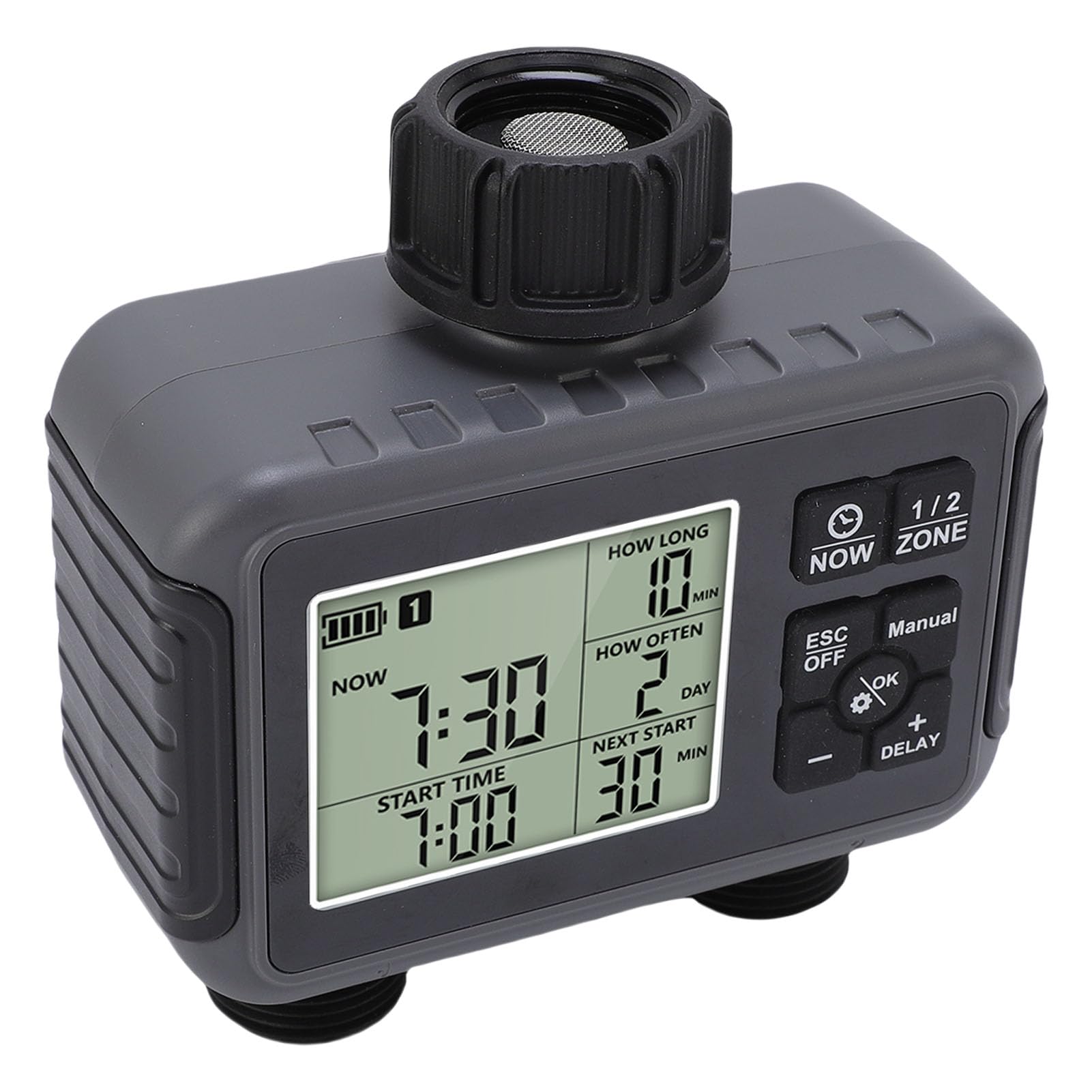 Aramox Temporizador de Riego, Temporizador de Riego Automático ABS con Pantalla LCD, Ajuste de Grifo de 2 Zonas de 3/4 a 1/2 Pulgada, IPX5 con Batería para Jardín Al Aire Libre Patio