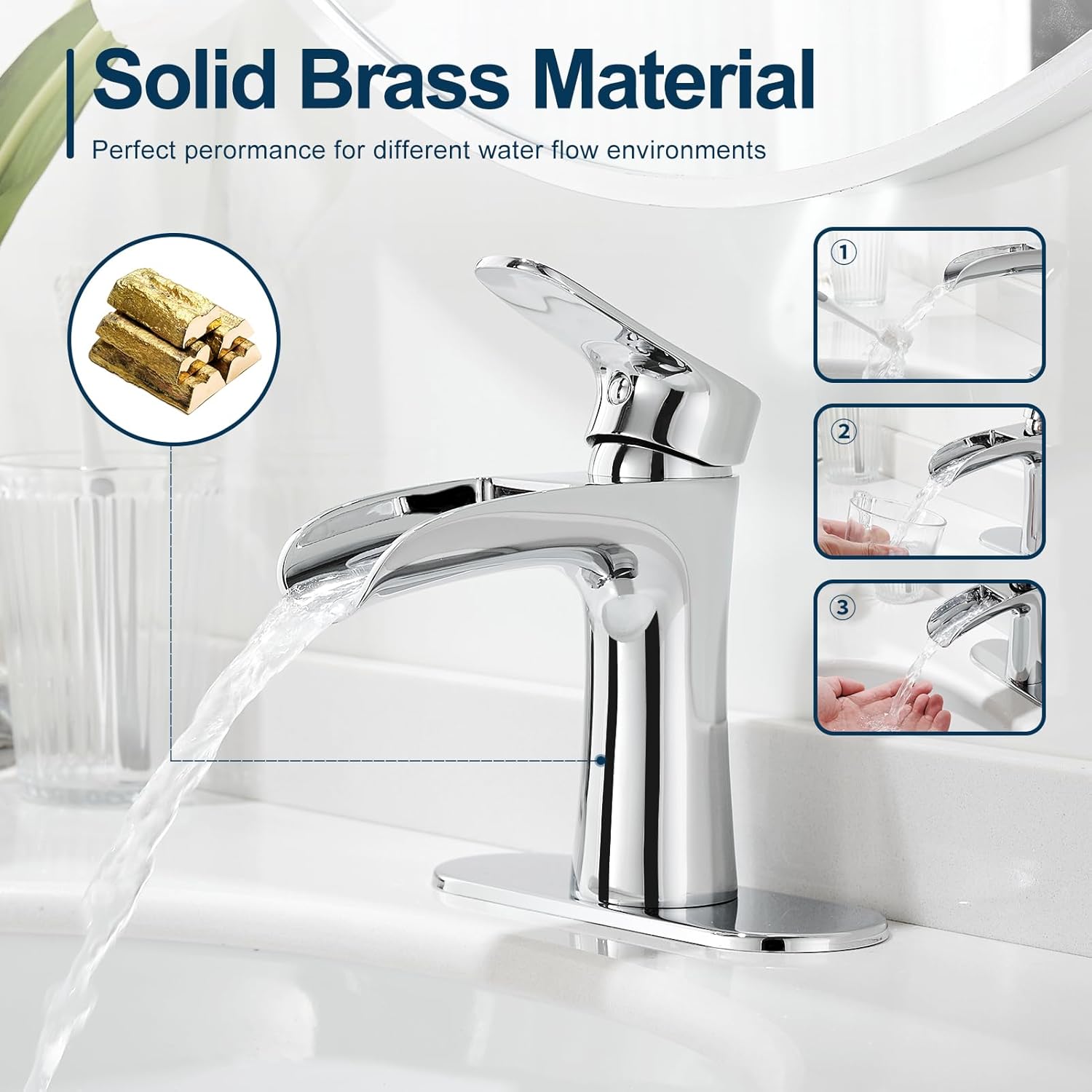 VOTON Chrome Bathroom Faucets Single Handle Waterfall Sink Faucet One Hole or Three Holes with Deck Mount Vanity Farmhouse RV Vessel Basin Faucet