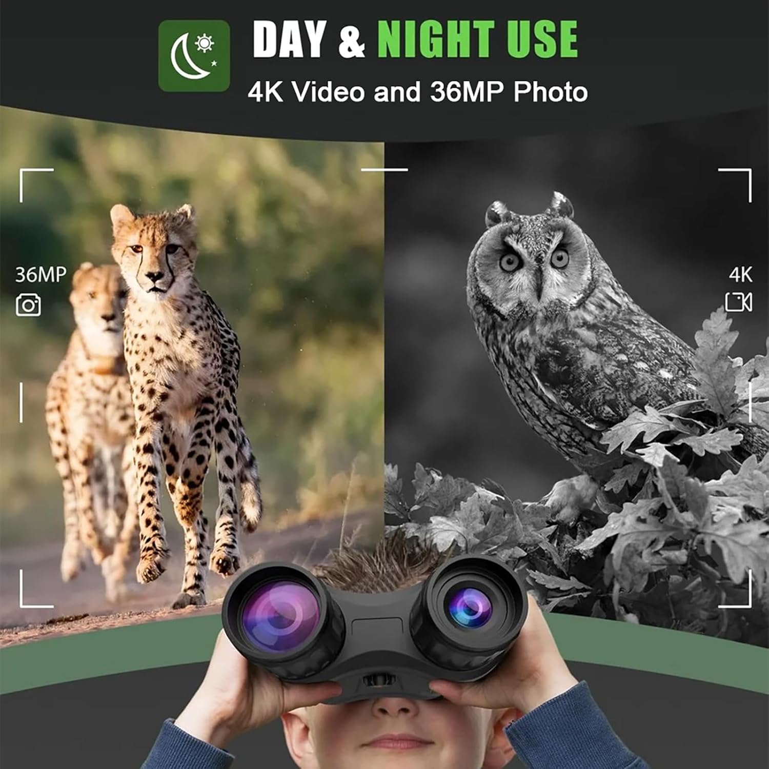 Split image showing day use (color) and night use (black and white with infrared) of the NV2180 Night Vision Goggles