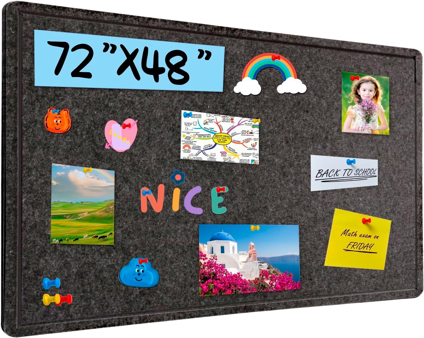 Large Bulletin Board - 72 X 48 inches Decorative Felt Pin Board - 6' x 4' Cork Board Alternative for Wall - Foldable Picture Board Self-Adhesive Vision Board Prayer Board with 30 Pushpins - Dark Gray