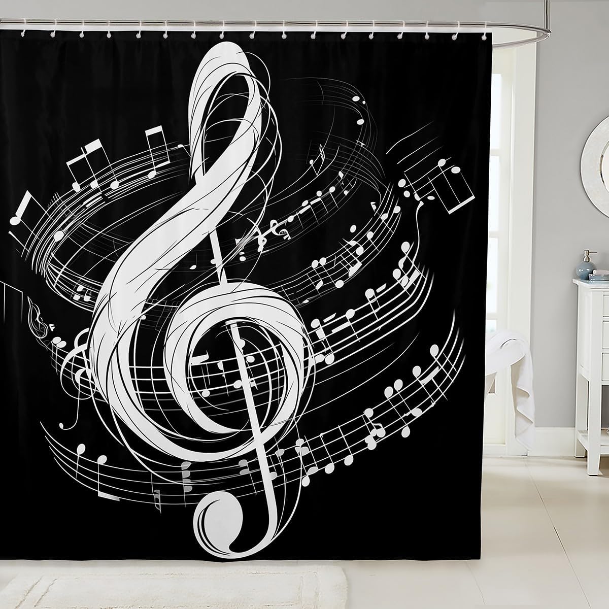 jejeloiu Music Bath Curtain 72"x84" Boys Girls Black White Melody Note Shower Curtain Musical Notes Staves Pattern for Bathroom Musician Kids Bathroom Accessories