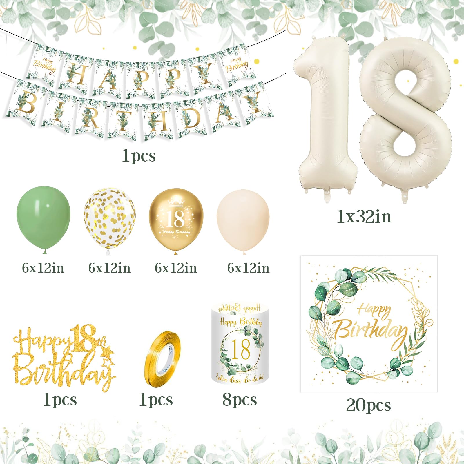 18e verjaardagsdecoratie jongens meisjes, eucalyptus 18e