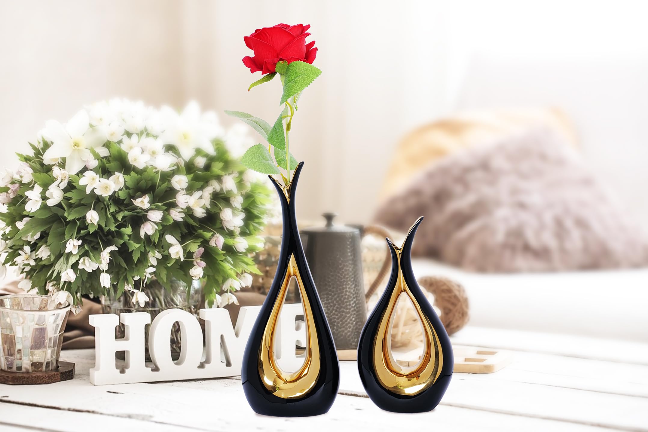 2 PCS Black Gold Vase Home Decor Accent Ceramic Vase set of 2 Vases for Centerpieces Pampas Flower Vases for Coffee Table Living Room Shelf Bookshelf Dining Kitchen Mantel and Entryway Decorations