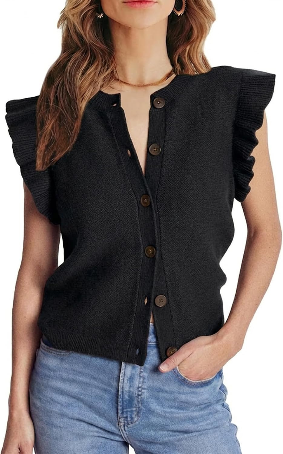 Womens Trendy Sleeveless Sweater Vests Ruffle Casual Cardigan Button Down 2026 Knit Waistcoats Tops