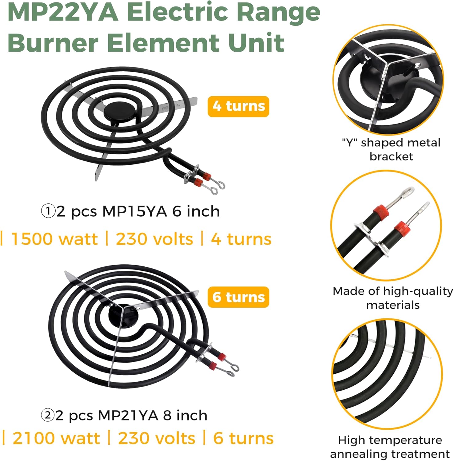 【2026 Upgraded】Electric Range Burner Element MP22YA Unit Set,2 pcs MP15YA 6'',2 pcs MP21YA 8'',4pcs 330031 Range Burner Receptacle kit.Replacement for Ranges/Stoves by Romalon