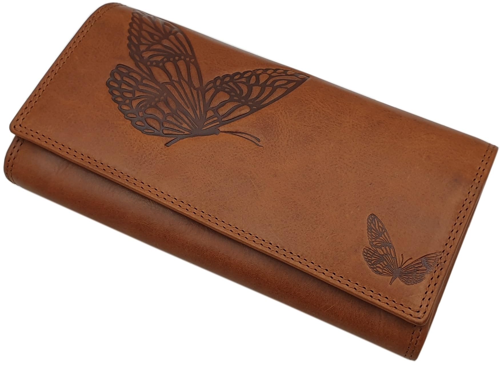 myledershop Große Rindleder Damen Geldbörse mit RFID & NFC Schutz (Cognac)