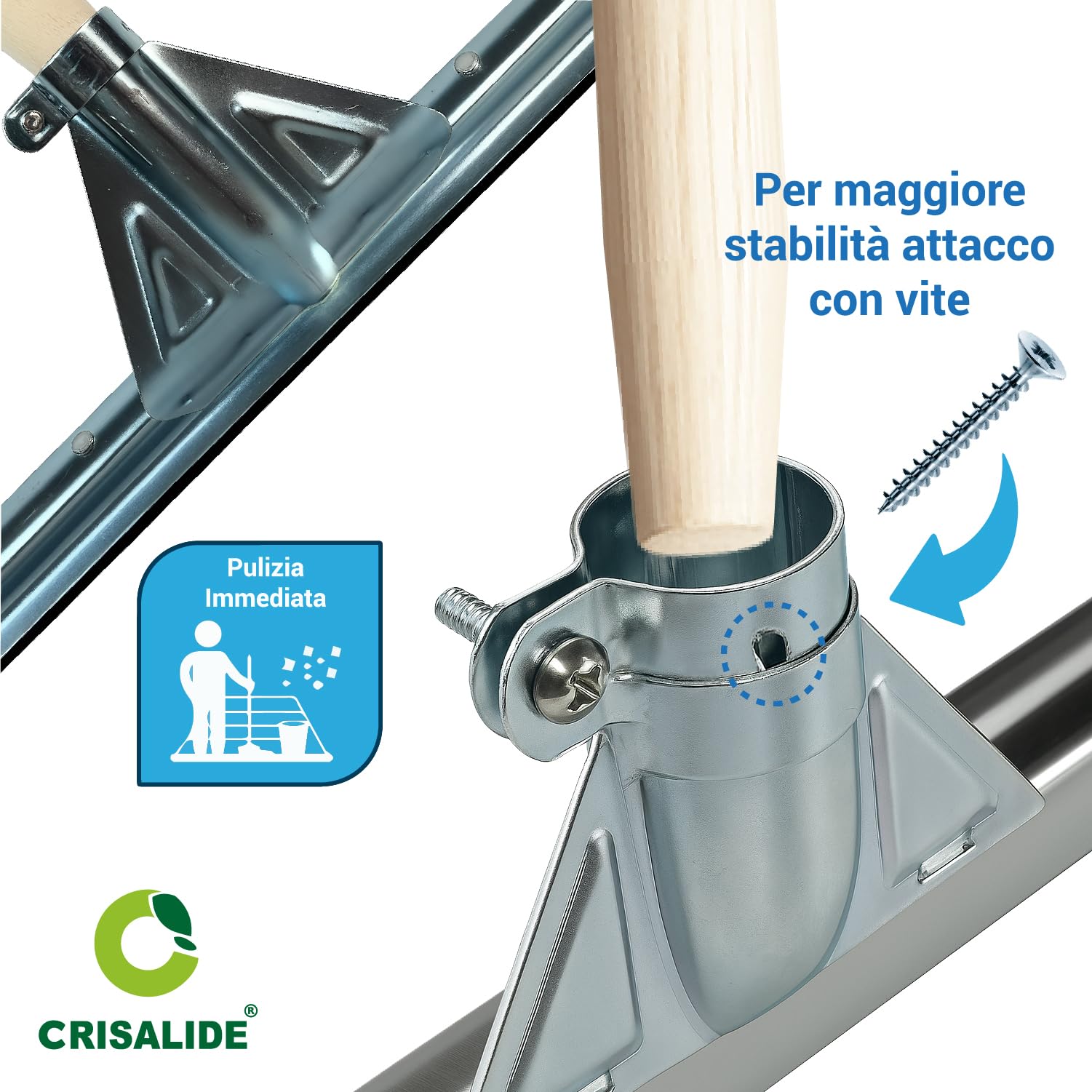 Crisalide® Tergipavimento Spingiacqua Professionale con Manico in Legno da 150 cm, Gomma Doppia, Asola in Metallo, 45/55/75 cm (LARGE 75cm)