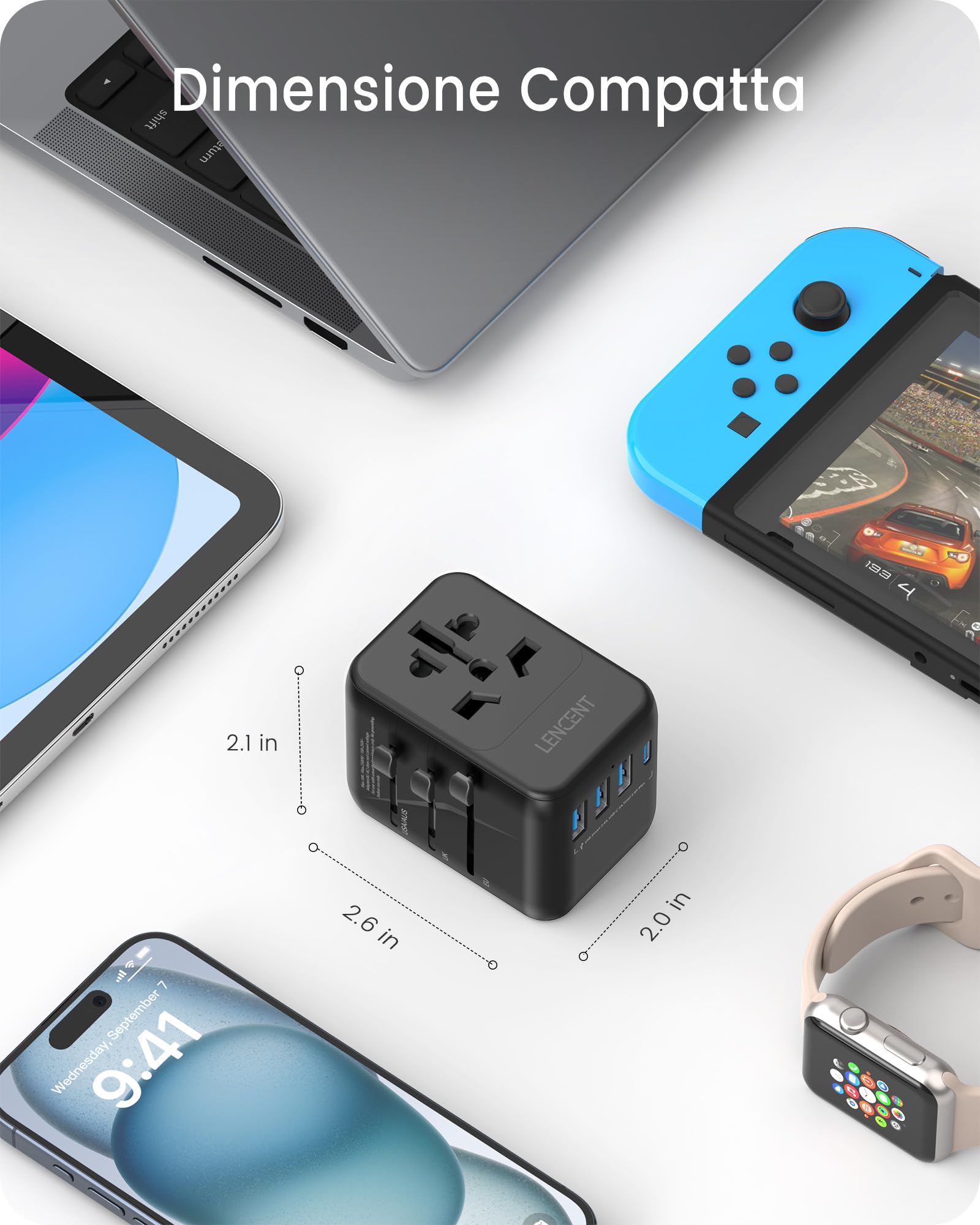 LENCENT Adattatore Universale da Viaggio, Adattatore Spina USA EU UK AUS, Caricatore Internazionale con 3 USB e 1 USB-C per Cellulari Laptop, Tutto in Uno Adattatore Spina per Oltre 200 Paesi -Nero