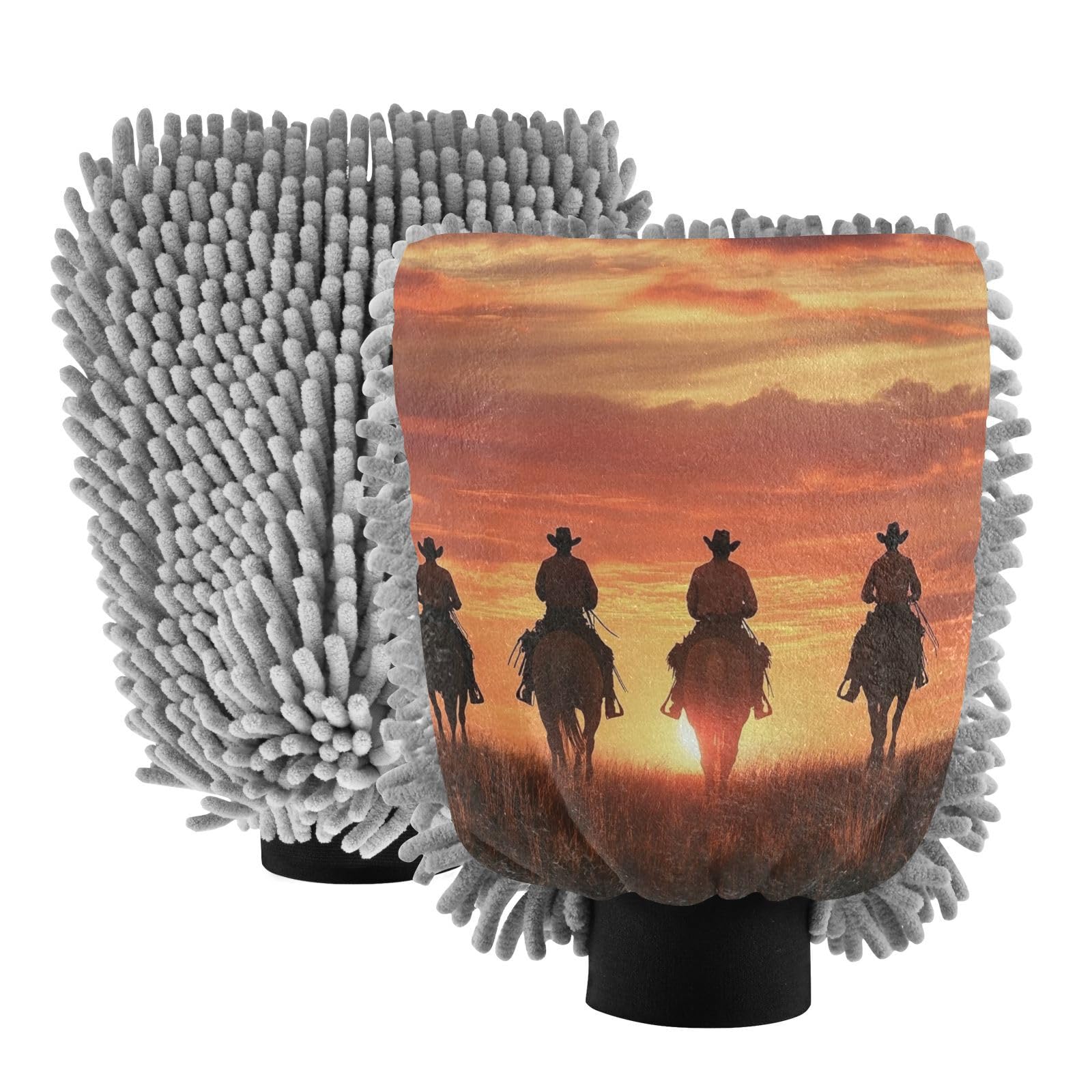 Flradish 2 Pack Western Cowboy Car Wash Mitt Chenille Microfiber Lint-Free Scratch Free Ultra-Soft Absorbent Car Wash Mitt 11.8x8.07 Inch