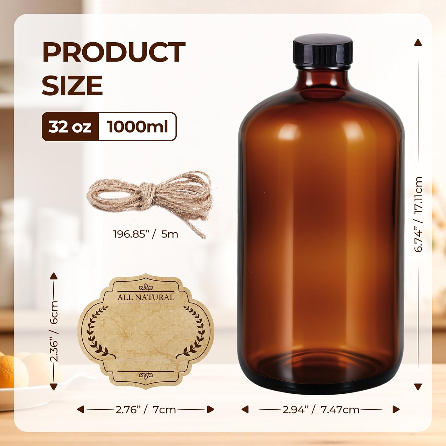 6 Pack 32 oz Amber Glass Bottles with Lids, Boston Round Glass Bottles with Black Caps for Secondary Kombucha Fermentation and Lab Chemicals