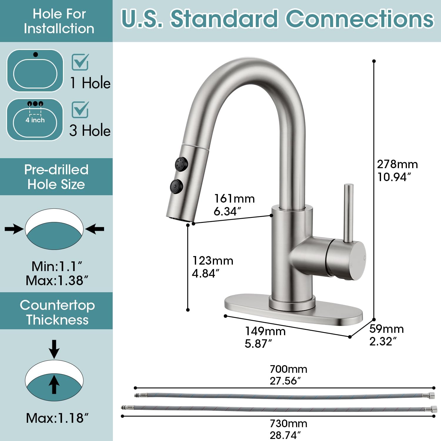 Brushed Nickel Bathroom Faucet with Pull Down Sprayer, Single Hole Bathroom Faucet with Pop-up Drain and Flexible Hoses, 1 Handle Sink Faucets for Vanity, Modern Farmhouse, Vanity, Restroom