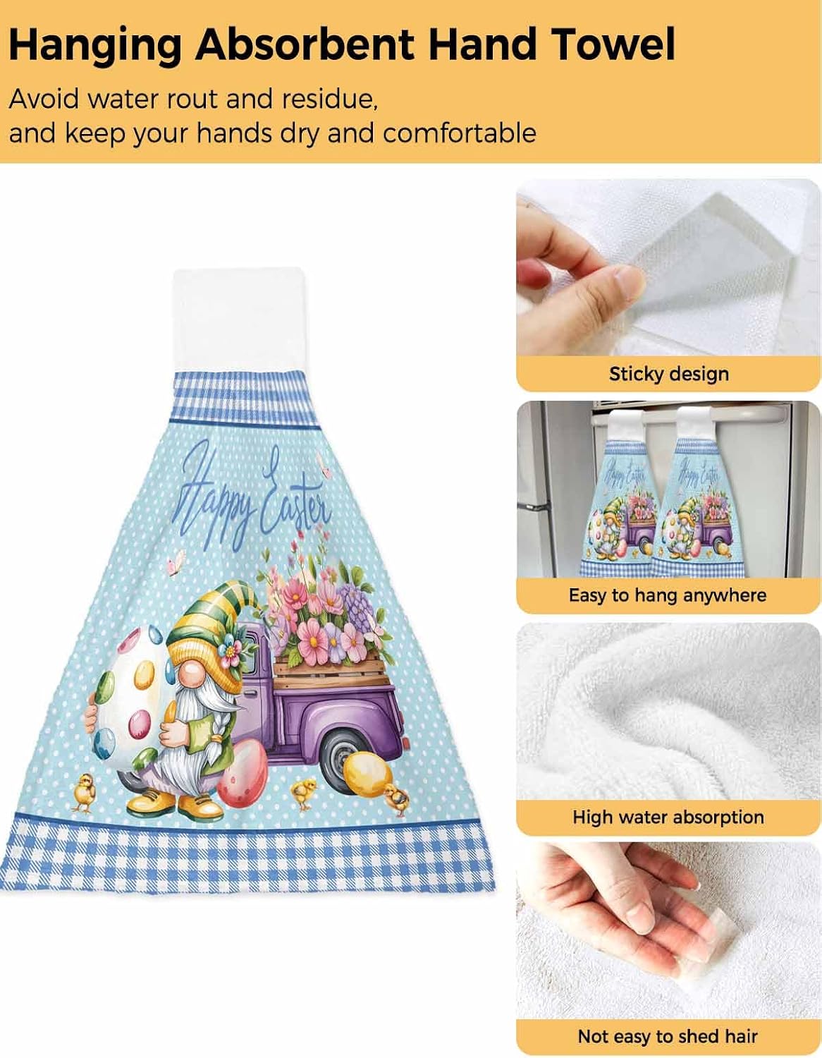 Easter Kitchen Hand Towels with Hanging Loops Set of 2 Gnomes Colorful Dots Eggs Truck Flowers Blue Plaid Soft Thick Oven Fingertip Dry Microfiber Tie Dish Towel Absorbent Cleaning Washcloth
