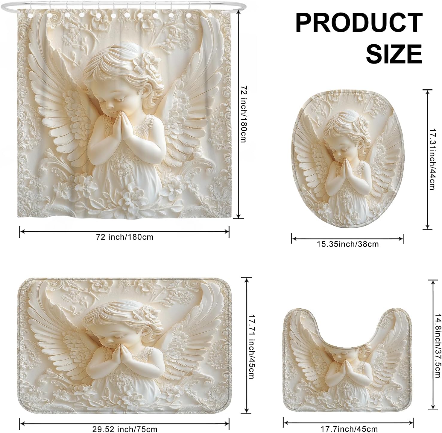 Angel Shower Curtain, Beige White 3D Angel Decor Shower Curtain Sets for Bathroom Decor, Spring Summer Modern Minimalistic Waterproof Fabric Shower Curtain Set with Rugs and Hooks 72x72 Inch