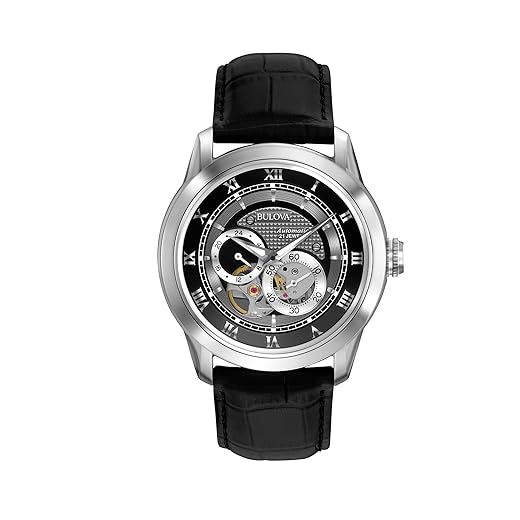 Bulova Relógio masculino clássico Sutton automático com 4 ponteiros, submostrador 24 horas, abertura aberta, corda automática, fundo de caixa de exposição, cristal mineral curvado duplo, ponteiros