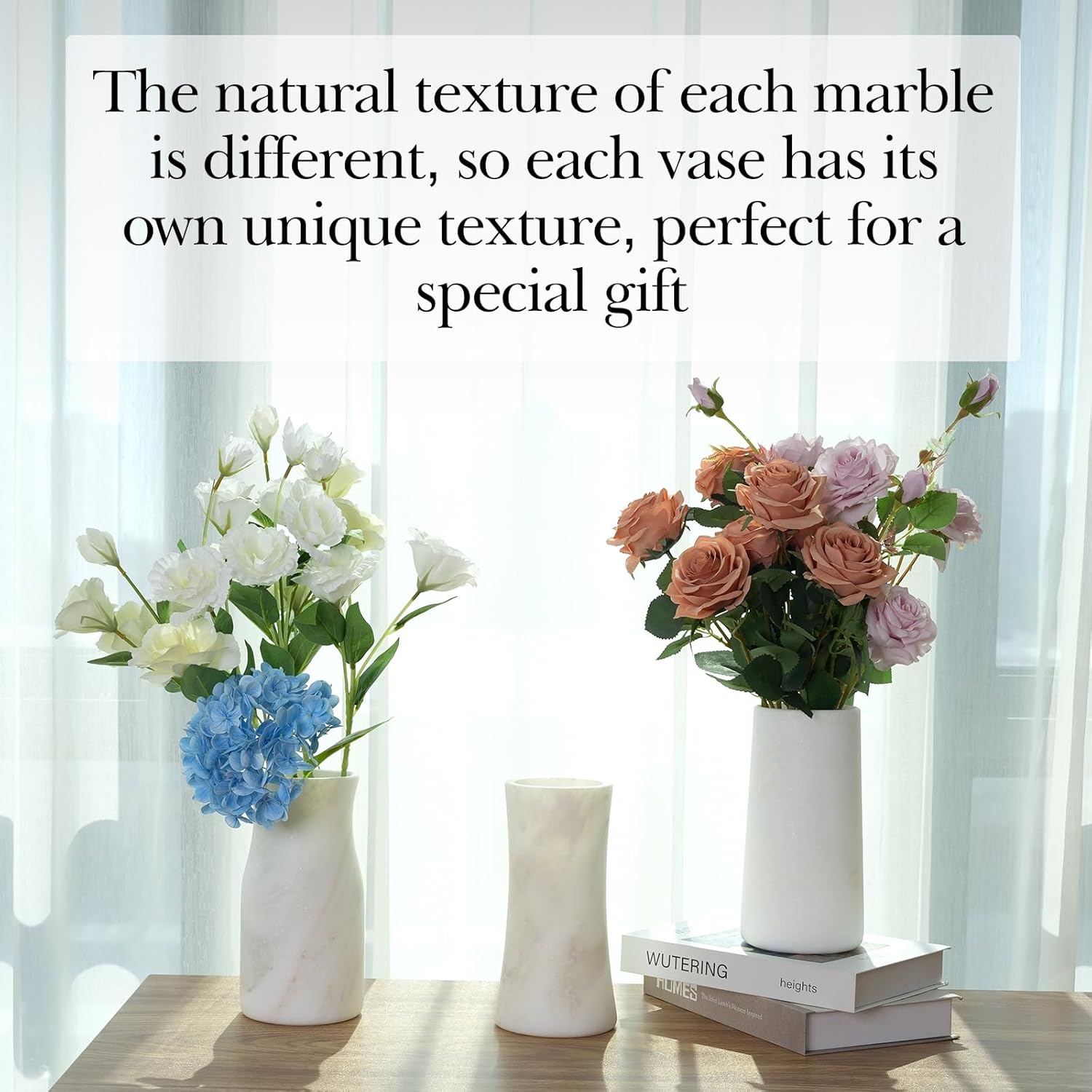 Koville Marble Vase, Decorative Minimalist White Flower Vase for Home Table Kitchen Office Living Room Decor, Genuine Natural Marble Flower Vases, Modern Farmhouse Decorations