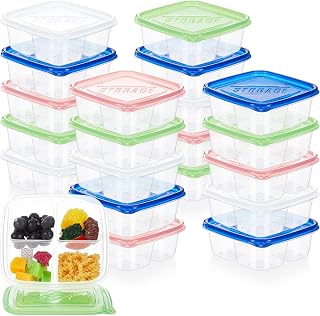 Hushee 20 Pcs 4 Compartment Snack Containers Reusable Bento Snack Food Containers with Lids Meal Lunch Box for Work Travel, 4 Colors