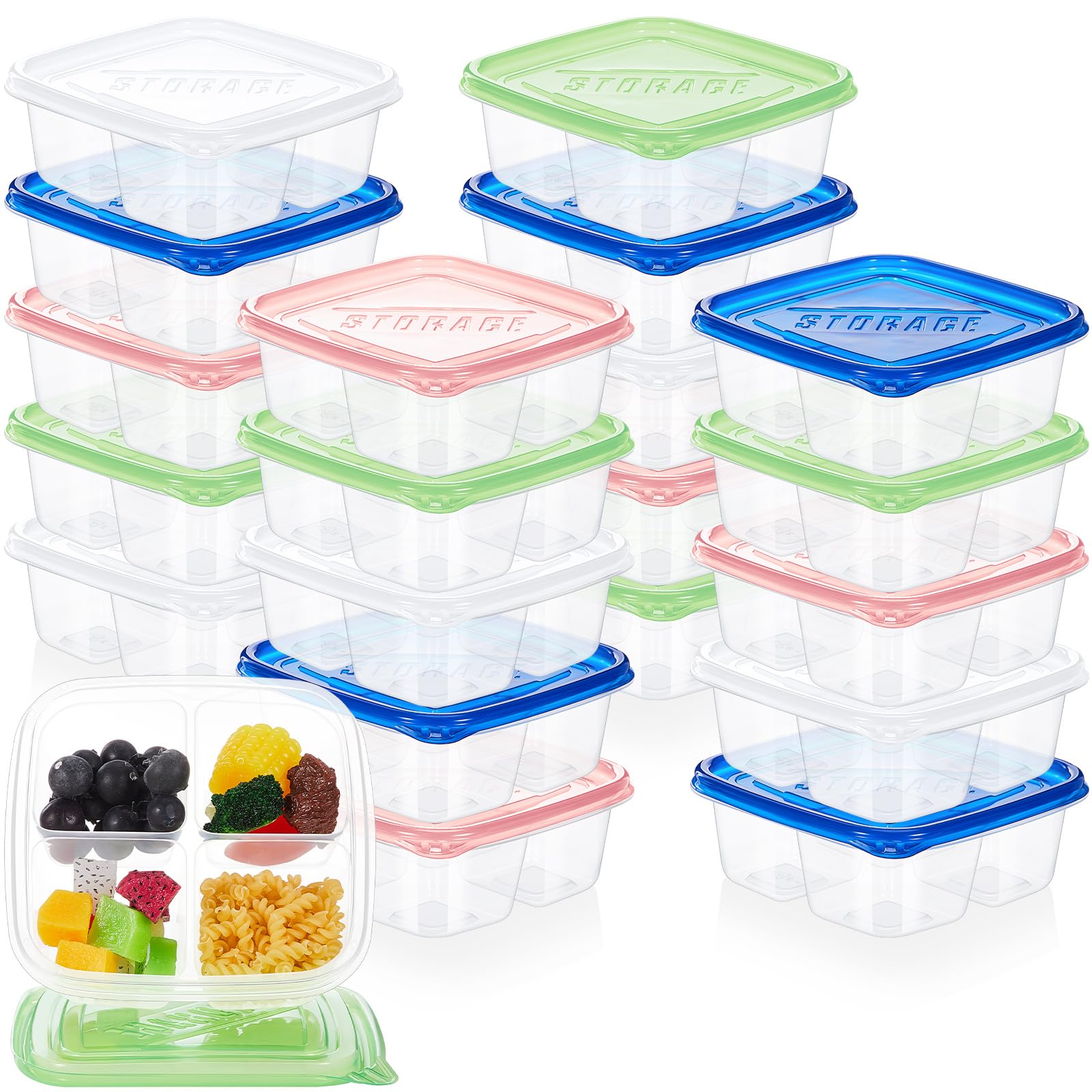 Hushee 20 Pcs 4 Compartment Snack Containers Reusable Bento Snack Food Containers with Lids Meal Lunch Box for School Work Travel, 4 Colors