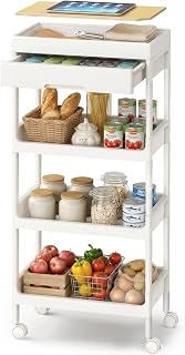 SONGMICS 4-Tier Storage Trolley, Rolling Cart on Wheels, Serving Cart with Removable Tray, Drawer and Plastic Shelves, Easy Assembly, for Kitchen, White and Golden Oak BSC070W101