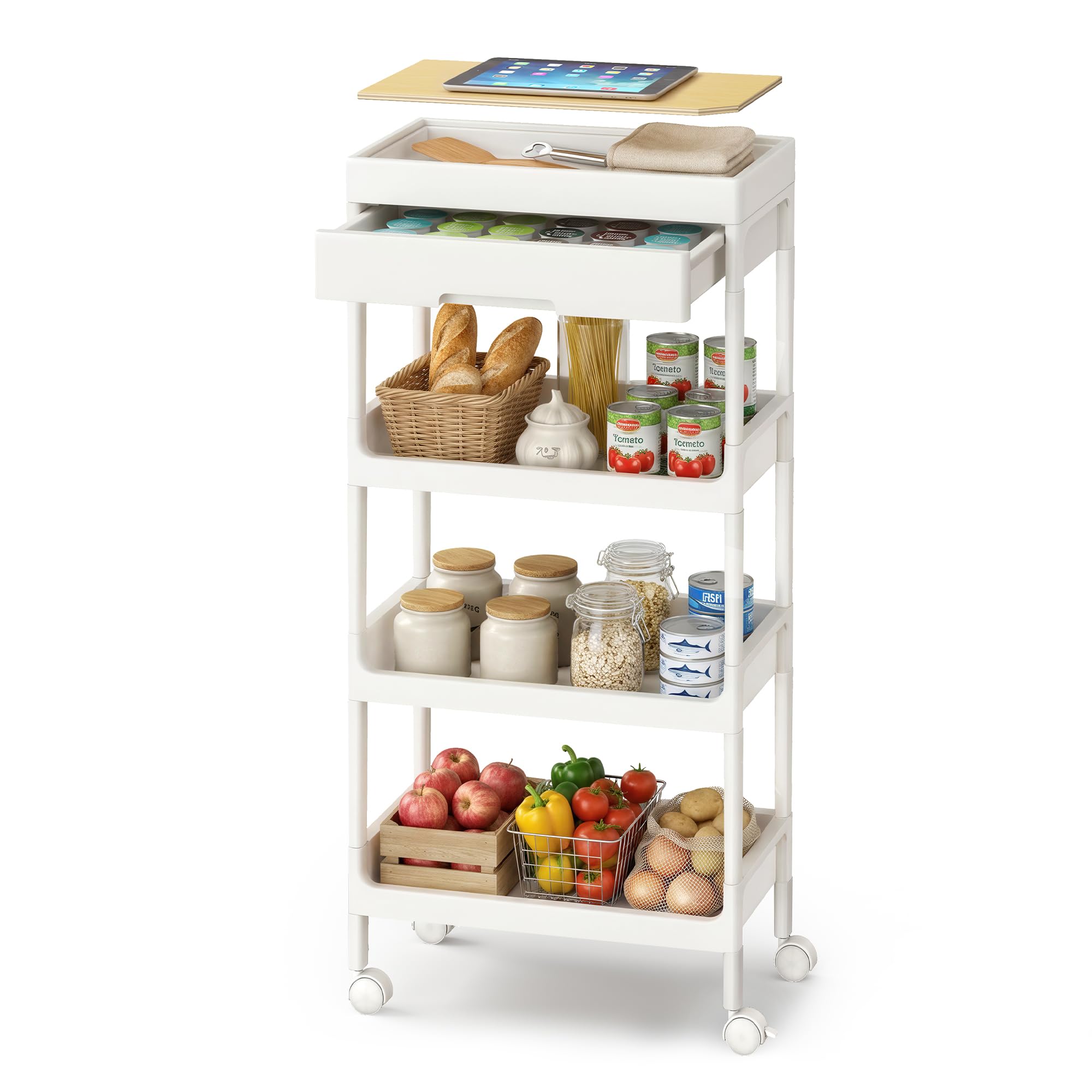 SONGMICS 4-Tier Storage Trolley, Rolling Trolley on Wheels, Serving Utility Cart with Removable Tray, Drawer, and Plastic Shelves, Easy Assembly, for Kitchen, White and Golden Oak BSC070W101