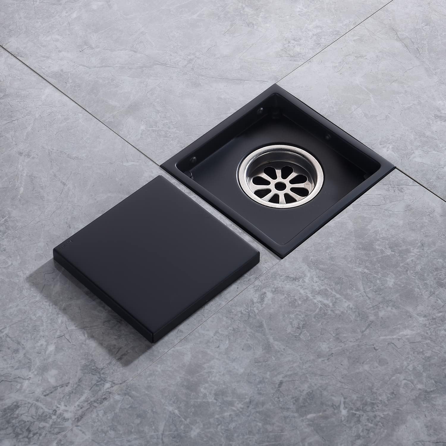 4 Inch Matte Black Square Shower Drain Cover for Bathroom Invisible Inlay Tile Square Plate Cover Adjustable Flange Kit, Sus304 Stainless Steel