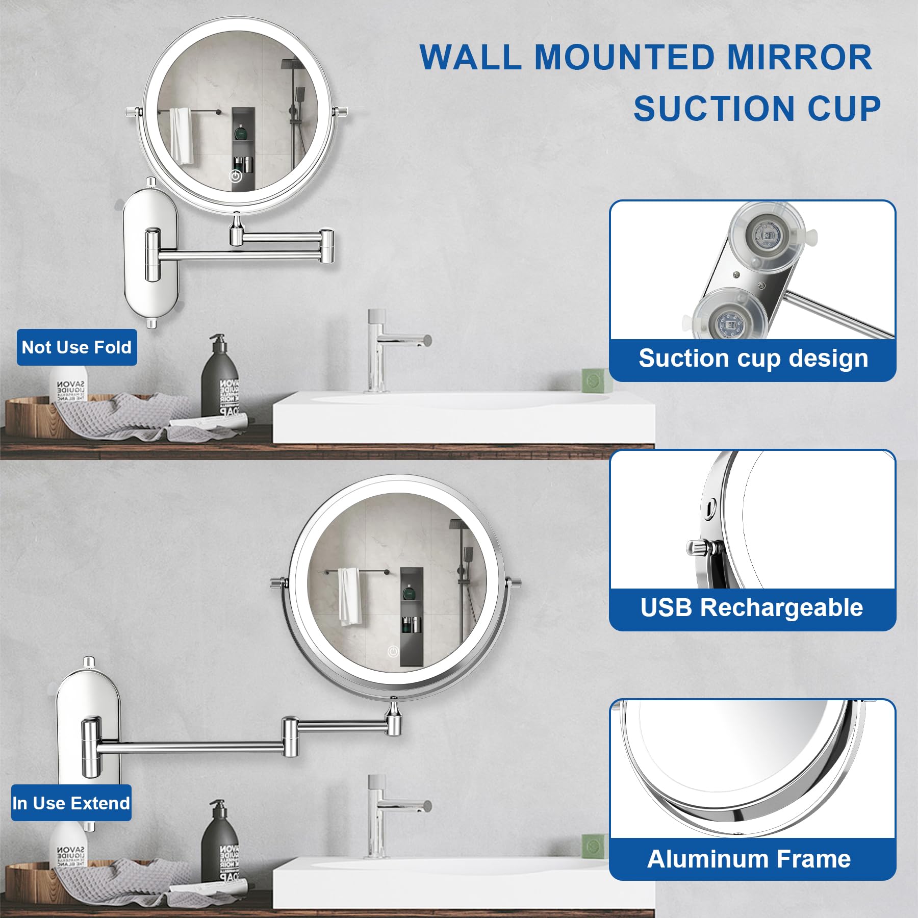 Espejo de Maquillage de Pared con Ventosa, 1/10X Aumento, 2000mAh Recargable Espejo Iluminado de Maquillaje con Ventosa, 360°Rotación para Baño, Espejo de Pared Cromo