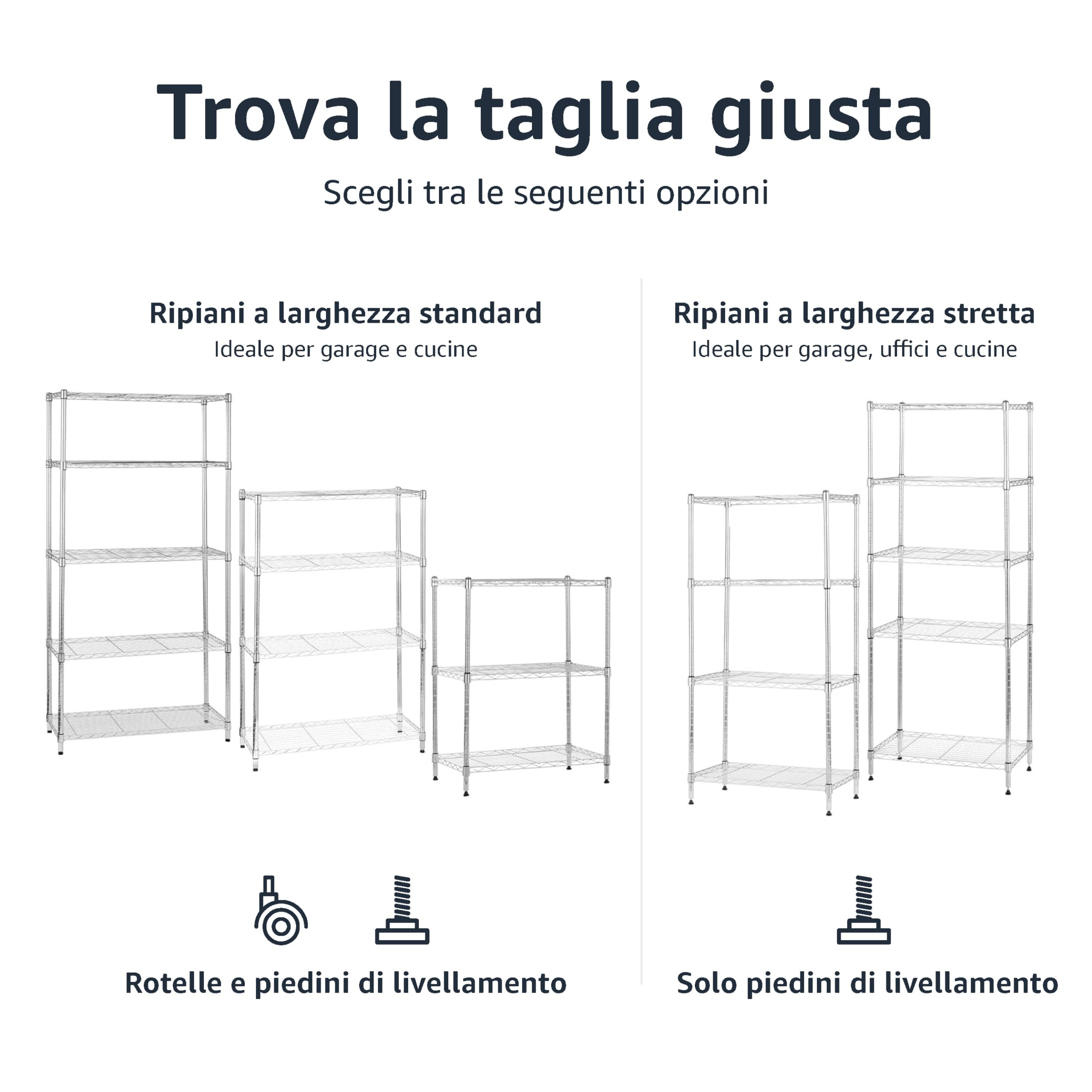Amazon Basics Scaffaliera a 4 ripiani stretti, altezza dei ripiani e piedini di livellamento regolabili, peso massimo 363 kg, Cromo, 34 x 59 x 122 cm (D x W x H)