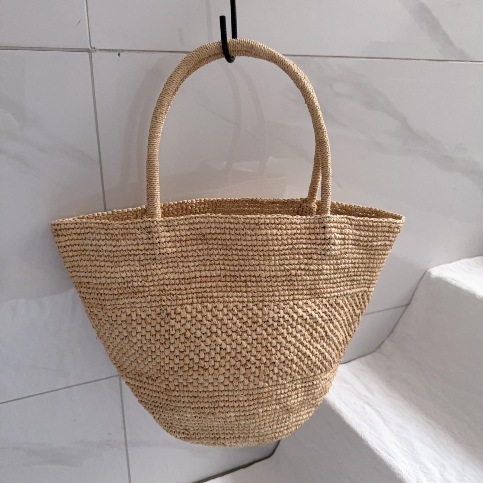 Strohtasche Damen Stroh Häkelte Handgefertigte Taschen, Urlaub Strandtaschen, Gewebte Sommer Strandtaschen-Khaki