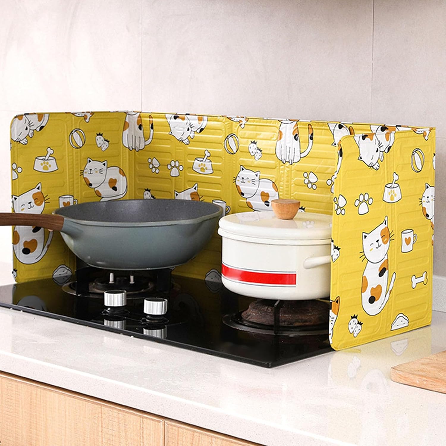 Oil Splash Baffle Guard Heat Resistant Aluminum Foil Easy Clean Adjustable Width Cartoon for Kitchen Stove Home Cooking for Keeps Kitchen Clean