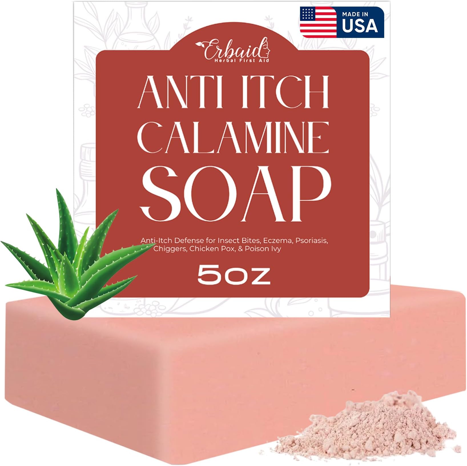 Erbaid Calamine Soap Bar โ All Natural Instant Itch Relief โ Calming Calamine Soap for Itchy Skin, Insect Bite, Eczema, Poison Ivy Rash โ Pure Anti-Itch Body Wash Made in USA โ Large 5oz Bar