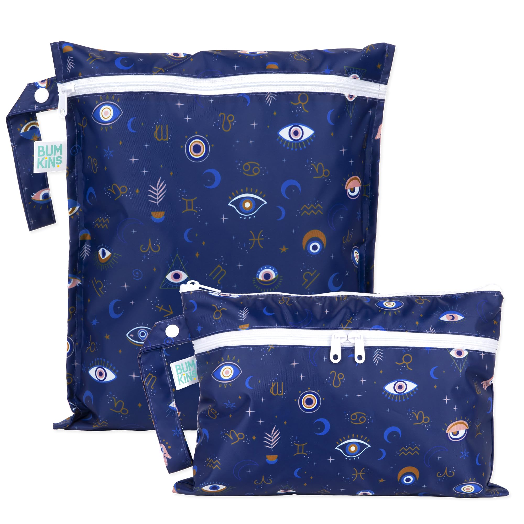 Bumkins Waterproof Wet Bag and Wet Dry Clutch Bags for Baby, Travel, Swim Suit, Cloth Diapers, Pump Parts, Pool, Gym Clothes, Toiletry, Hook to Stroller, Daycare, Zip Packing Pouch, 2-pk Evil Eye