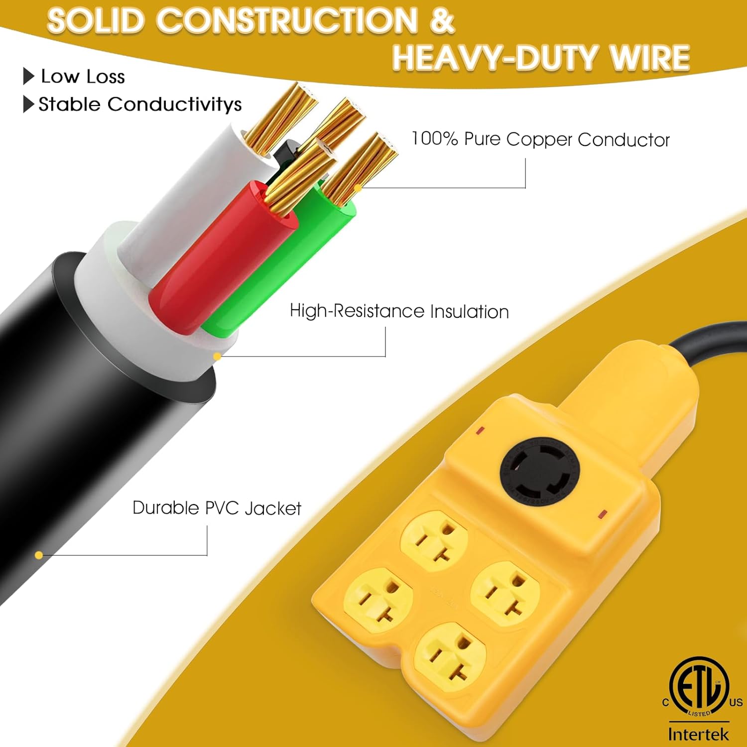 240V to 120V Adapter, Generator Plug NEMA L14-30P to L14-30R and 4 Port 5-20R/5-15R 4 Prong Twist Lock 30 Amp Male Plug to Female Receptacle for RV Workshop Outdoor Activity (Yellow)