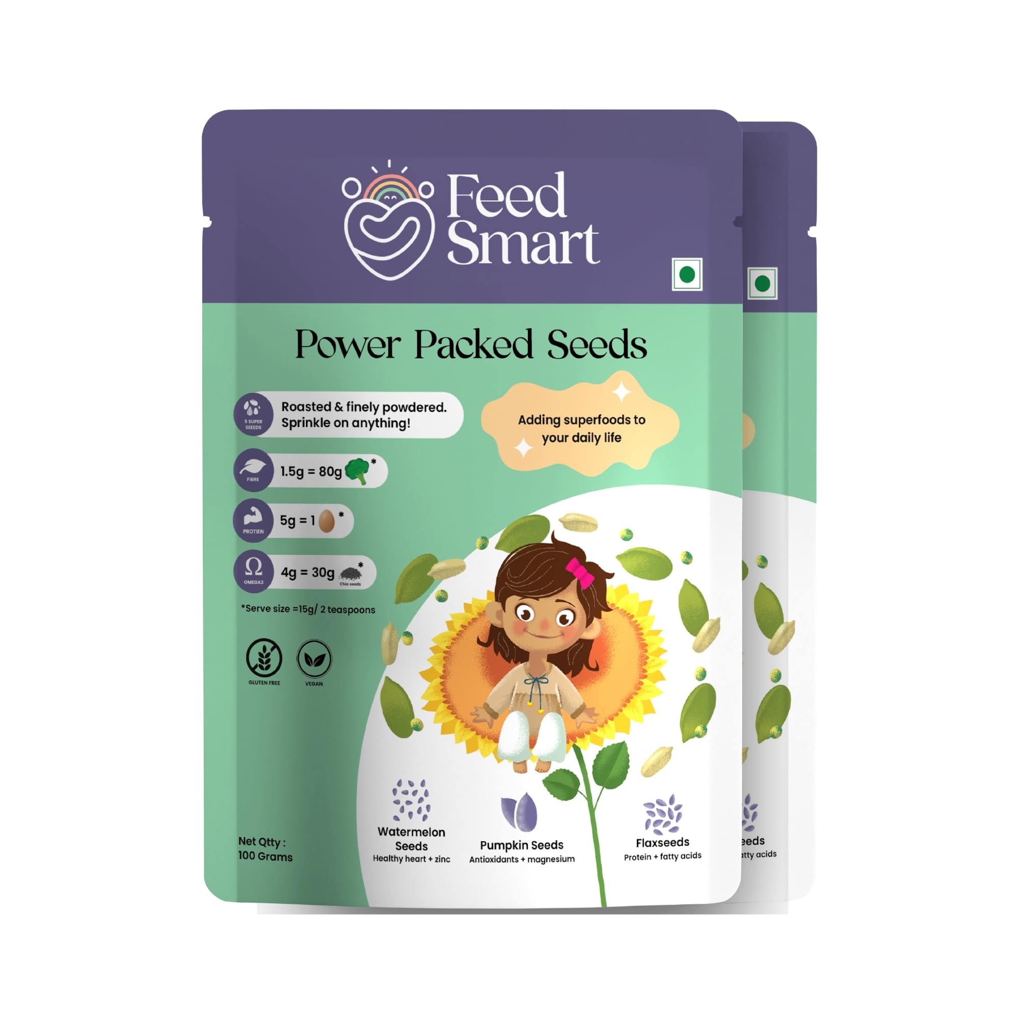 Feed Smart Power Packed Seeds - 6 Super Seeds Roasted & Powdered with Nutrients | Gut Friendly | Green Pumpkin Seeds | Watermelon Seeds | Sunflower Seeds | Flaxseeds | Pack of 1 (100 grams)