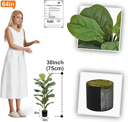 Miniatura 2 de Aveyas Higuera artificial de hoja de violín Ficus lyrata de 30 pulgadas para decoración del hogar, planta sintética grande en maceta, árboles de