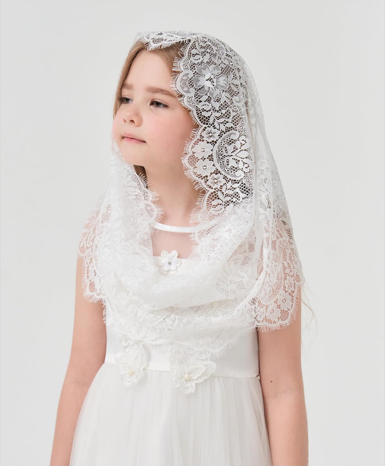 Girls First Communion Veil - Lace Infinity Chapel Veil Tulle Wrap for Baptism & church Accessories K9